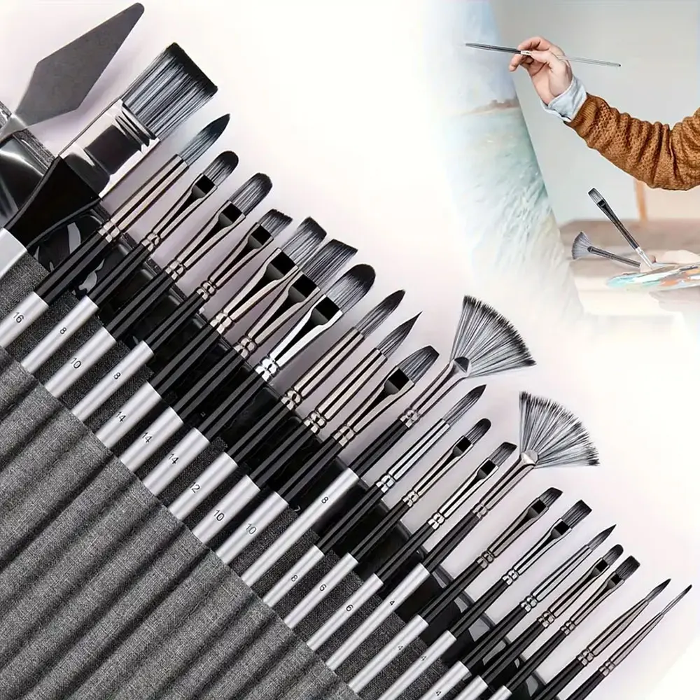 مجموعة فرش مكونة من 24 شكلًا مختلفًا باللون الرمادي الفضي وحقيبة تخزين من القماش سهلة الحمل ومناسبة لمستلزمات الرسم الزيتي المائية والزيتية #4