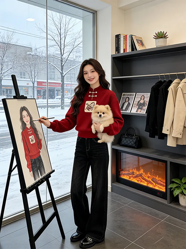 

Вязаный свитер Cisas Theme для женщин, осенне-зимний, красный, с вышивкой и пуговицами, в традиционном китайском стиле, больших размеров, модный топ