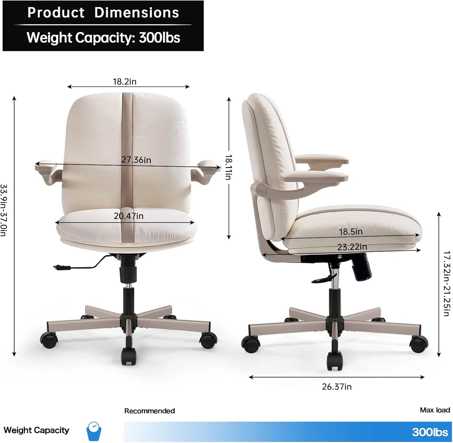 Home Office Cadeiras de mesa com rodas, pequena cadeira de mesa com Mid-Back, confortáveis braços flip-up, ajustável PU couro Swivel Comp