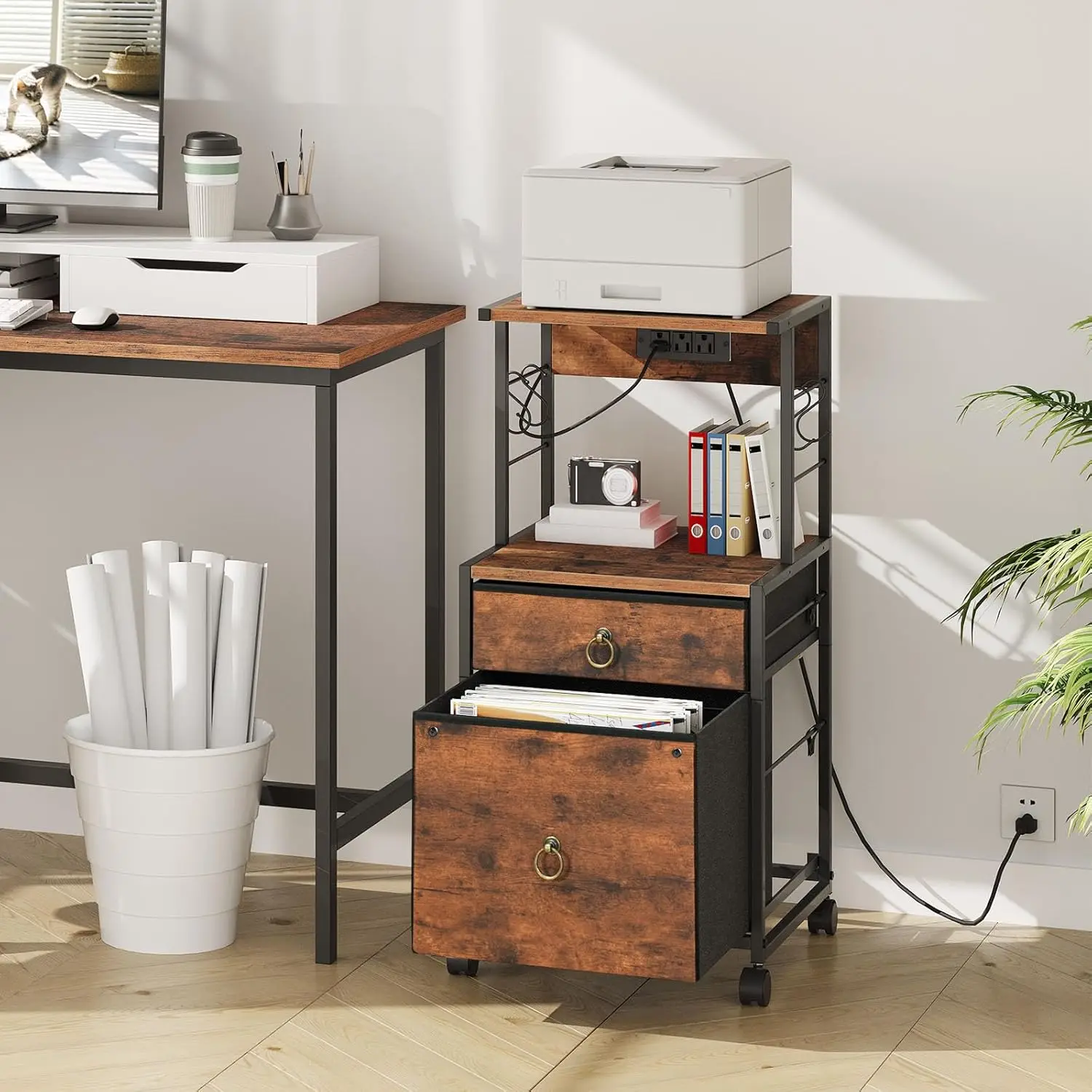 2-Drawer File Cabinet, Filing Cabinet with Charging Station, Office Cabinet with Open Shelf, Filing