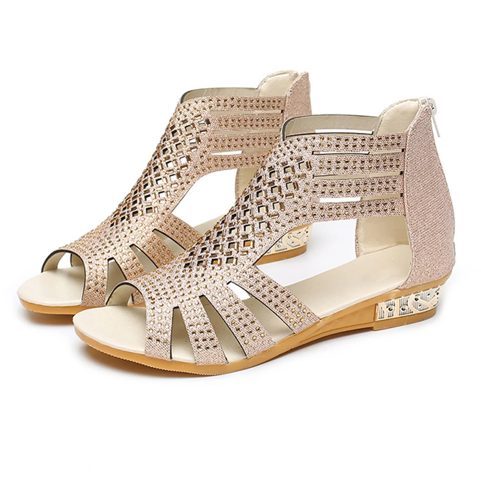 Sandalias planas doradas con recortes para mujer, estilo vintage, zapatos de moda para mujer, sandalias huecas con cremallera y cristales para exteriores, zapatillas deportivas para mujer