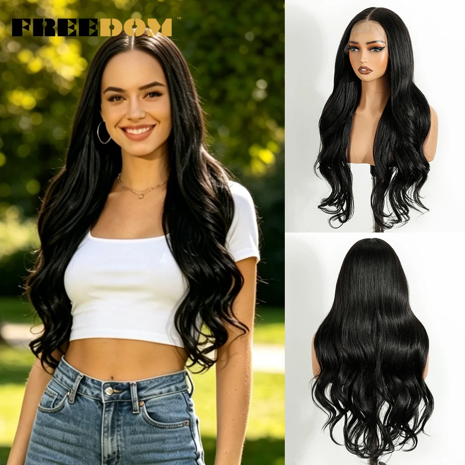 FREEDOM Synthetische Lace-Front-Perücken für Damen, 13x6, natürliche Wellenstruktur, 26 Zoll, Ombré-Braun-Blond mit Highlights, für den täglichen Gebrauch. – Detail 7