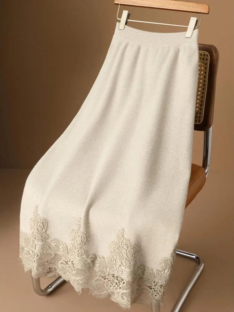 Woolen Knitted  Skirt High Waist Straight Cut Bodycon Autumn Winter Elegance Chinese Style Lace Detailing Casual Wear