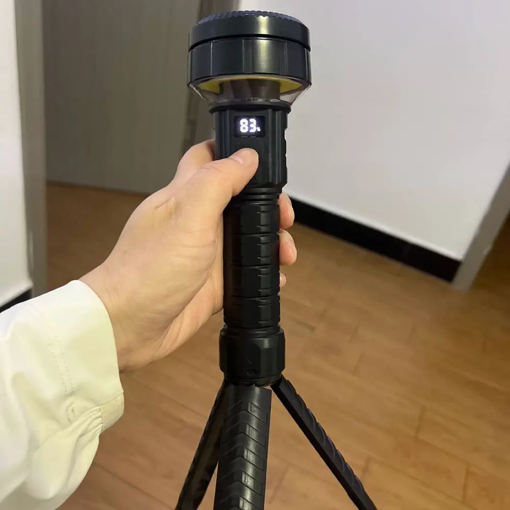With Tripod Dual Side LED Flashlight 10 Core Digital Display Rechargeable Camping Torch Side Light Long Range Hiking Light