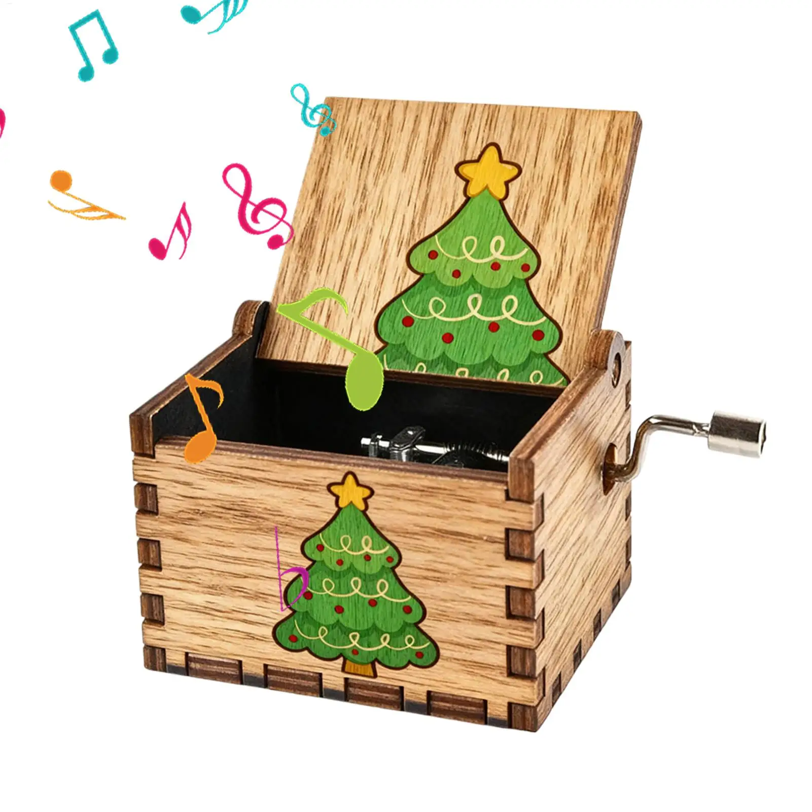 Christmas Music Box Wooden Hand Crank Ornament Vintage Holiday Melody Box for Home Desk Mantel Shelf Christmas Decoration Gifts