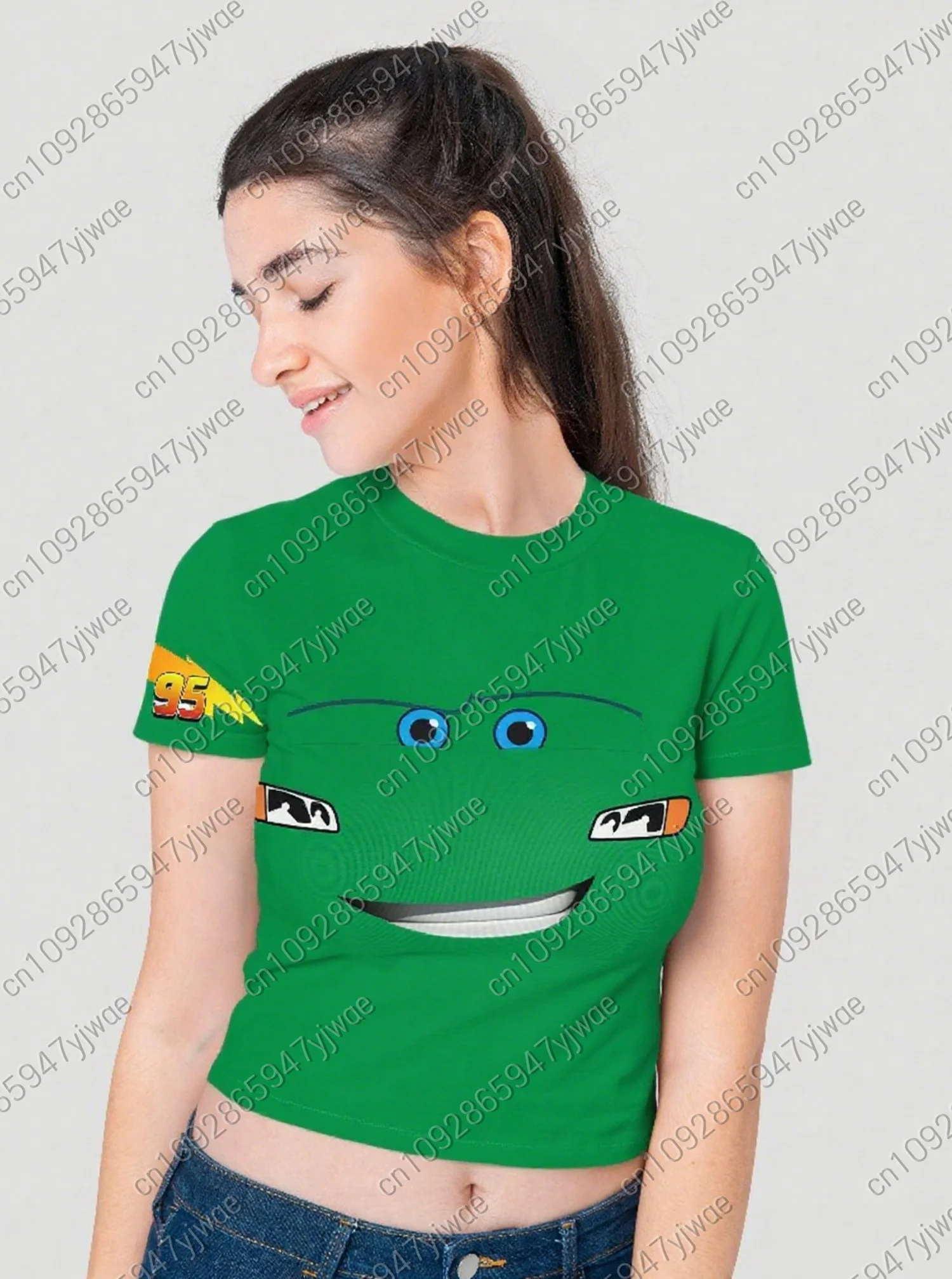 女性アメリカンライトニングマックィーンセクシーなブラウス tシャツクロップドショート Tシャツ女性ラウンドネックカジュアルショートトップス Tシャツ