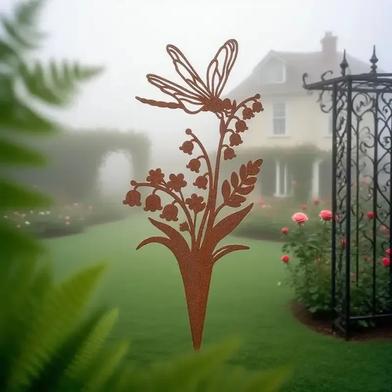 Rustic Metal Dragonfly & Flower Garden Stake – Vintage Lawn Ornament for Yard, Patio & Home No Electricity, Easy Ground Install