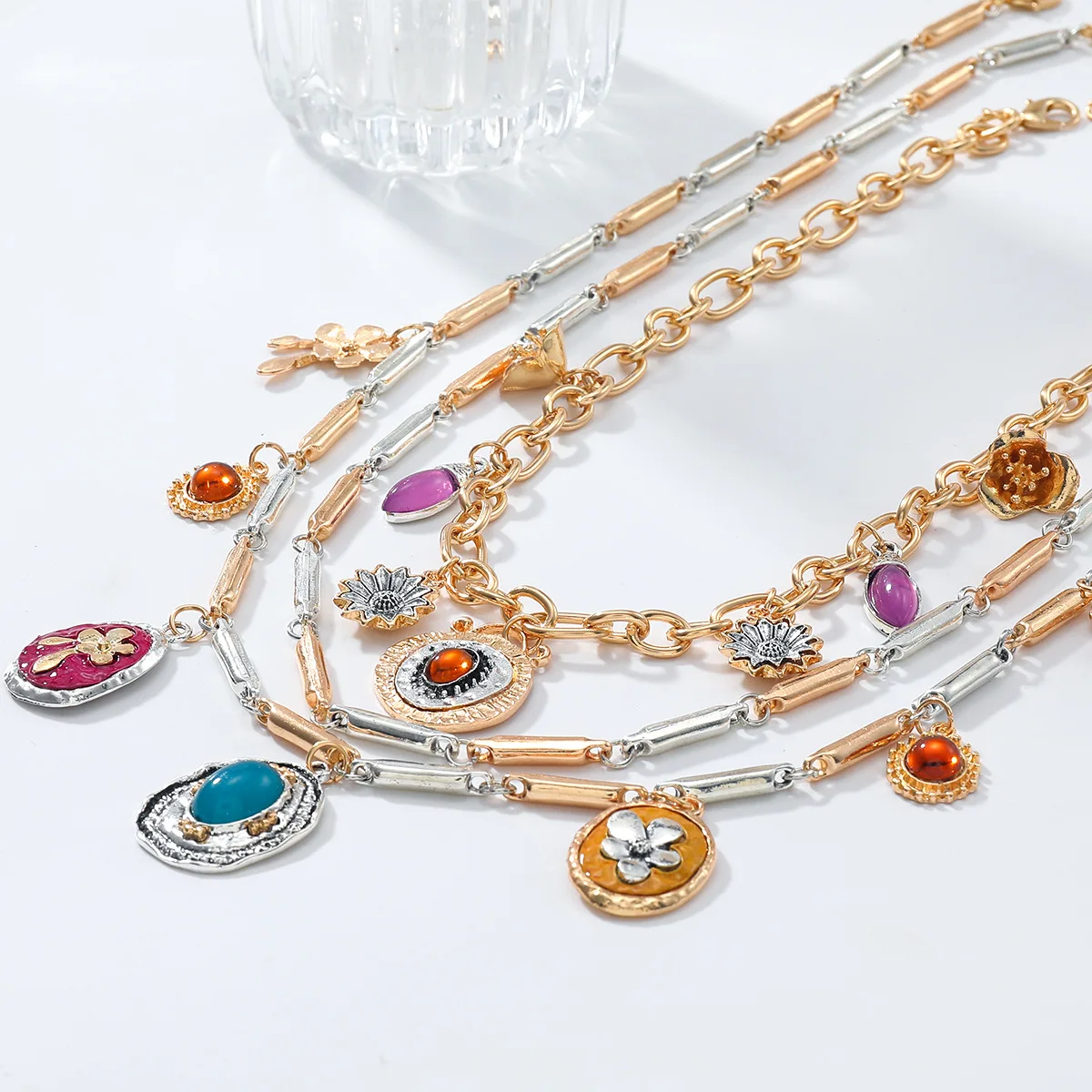 قلادة مصنوعة من سبائك متعددة الطبقات من العلامة التجارية الأوروبية والأمريكية المبالغ فيها، سلسلة الترقوة من الراتنج الزهري، عطلة الشاطئ الطبيعية #4