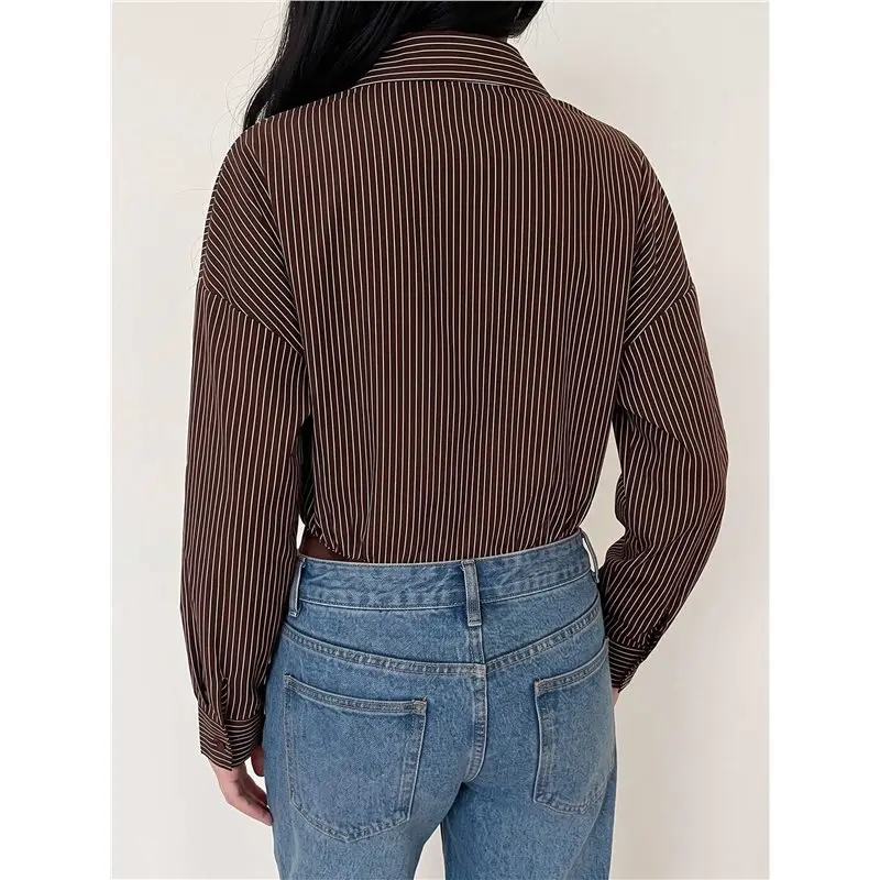 Women's Striped Collared Button Down Shirt Bodysuit Coffee Brown S Eco-Friendly
