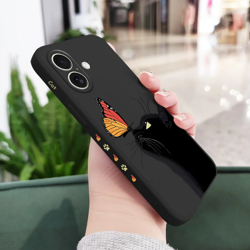 Butterfly Black Cat Phone Case For iPhone 16 15 14 13 12 11 X XR XS Plus Pro Max Mini Silicone Cover
