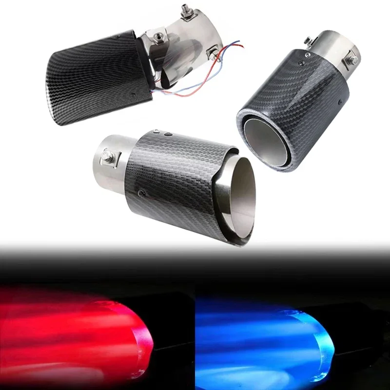 Universal Car LED Exhaust Muffler Tip Tail Pipe Carbon Fiber Red/Blue Light Car Refit Single Outlet Throat Exhaust Pipe