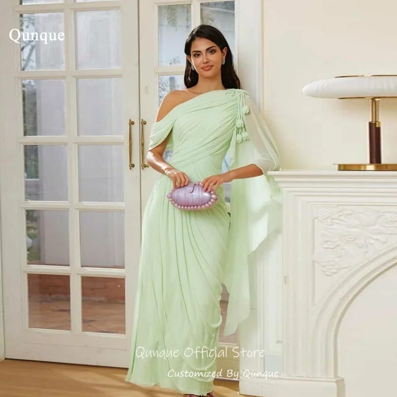 

Qunque Green Chiffon 3D Flowers Evening Dresses Dreamy Asymmetric Pleated Prom Dresses Flowy Handmade Robes De Soirée Customized