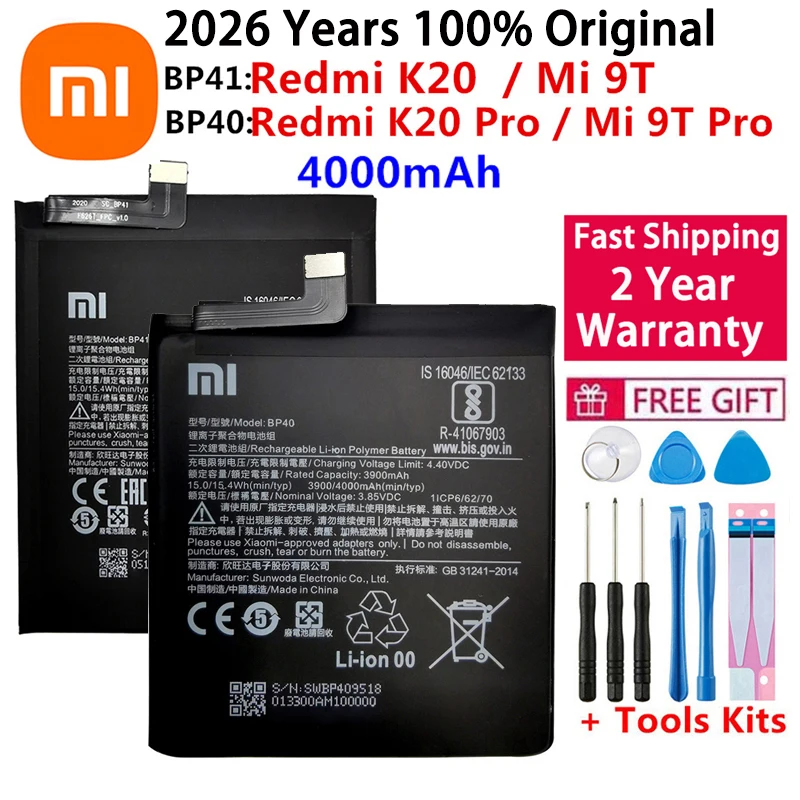 Xiao Mi 100% Original Battery BP41 BP40 For Xiaomi Redmi K20 Mi 9T Pro Mi9T K20Pro 4000mAh High Capacity Phone Batteria Akku