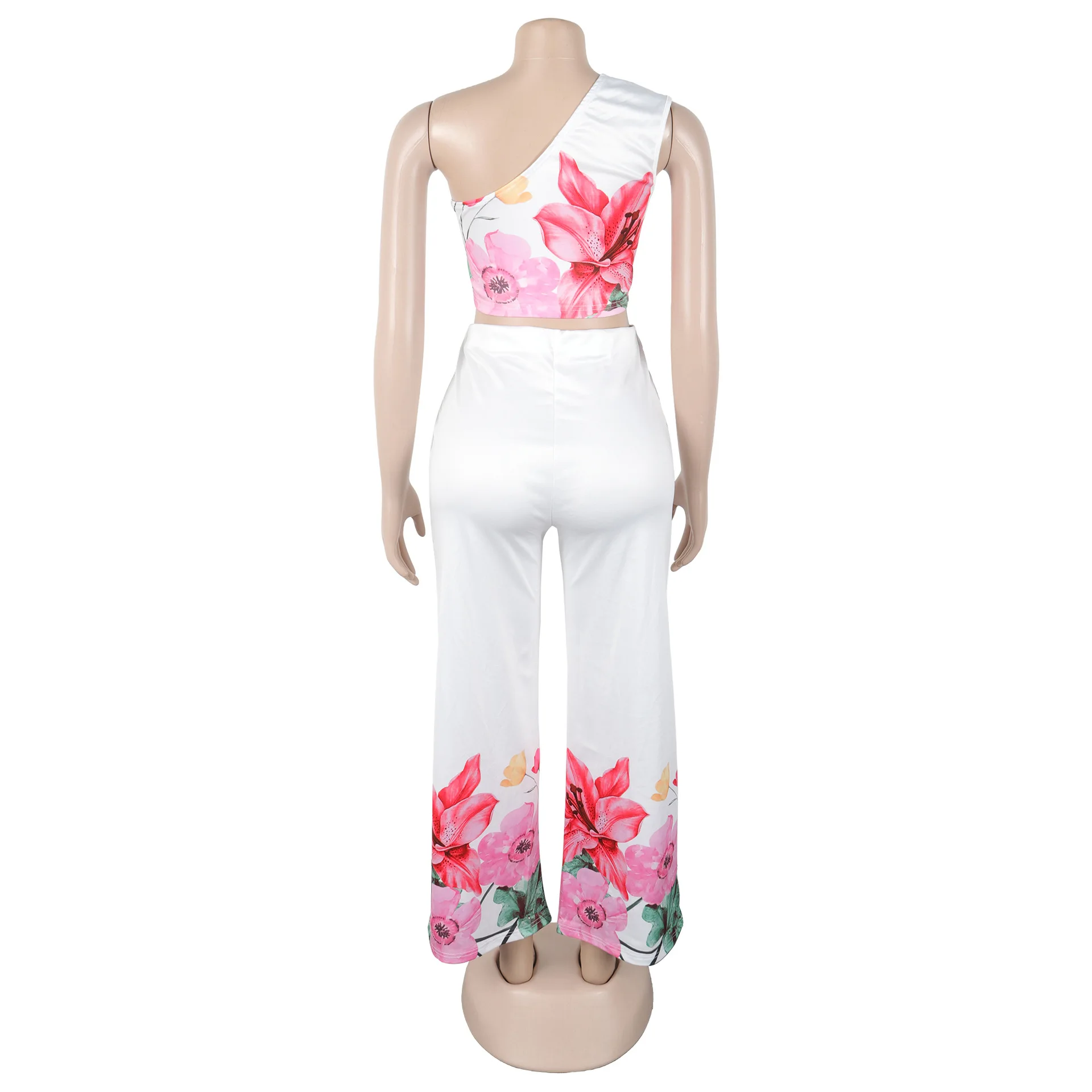 BKLD Women Elegant Commuting Elastic Wide Leg Pants Slanted Shoulder Sleeveless Tops Two Piece Sets Fashion Flower Printed