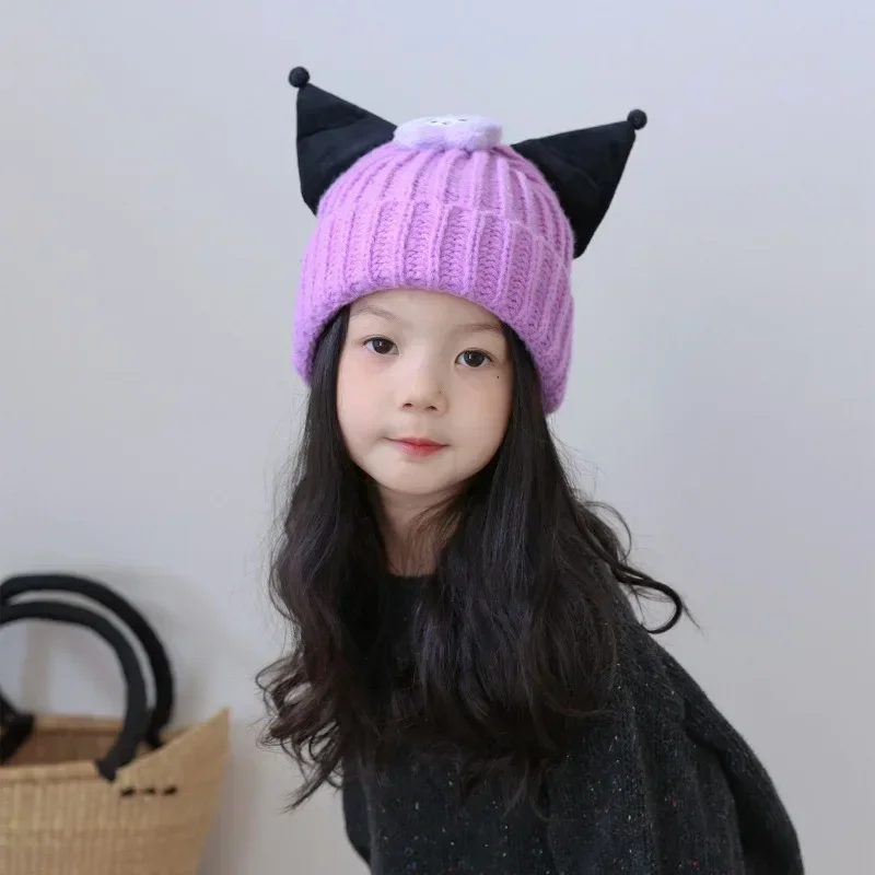 Dulce Kuromi Anime Sanrio Ins Kawaii niños gorros cálidos invierno lindo dibujos animados tejido orejeras gorra regalos encantadores para niños