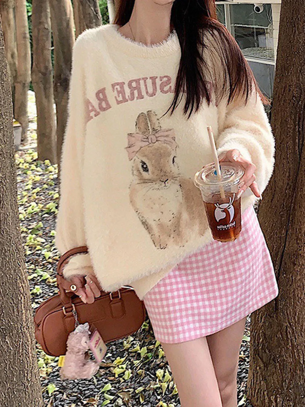 Sweet Women\'s Knitted Sweater Spring Plush Imitation Mink Fur Fabric Cartoon Rabbit Print Cardigan Single Breasted Outwear