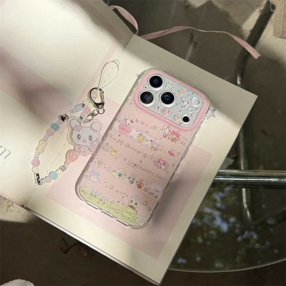 

Cute Cartoon Rabbit With Chain Phone Case for iPhone 16 Pro 13 14 15 17 Pro Max Funda Korean Glitter 17 16 Max protective cover