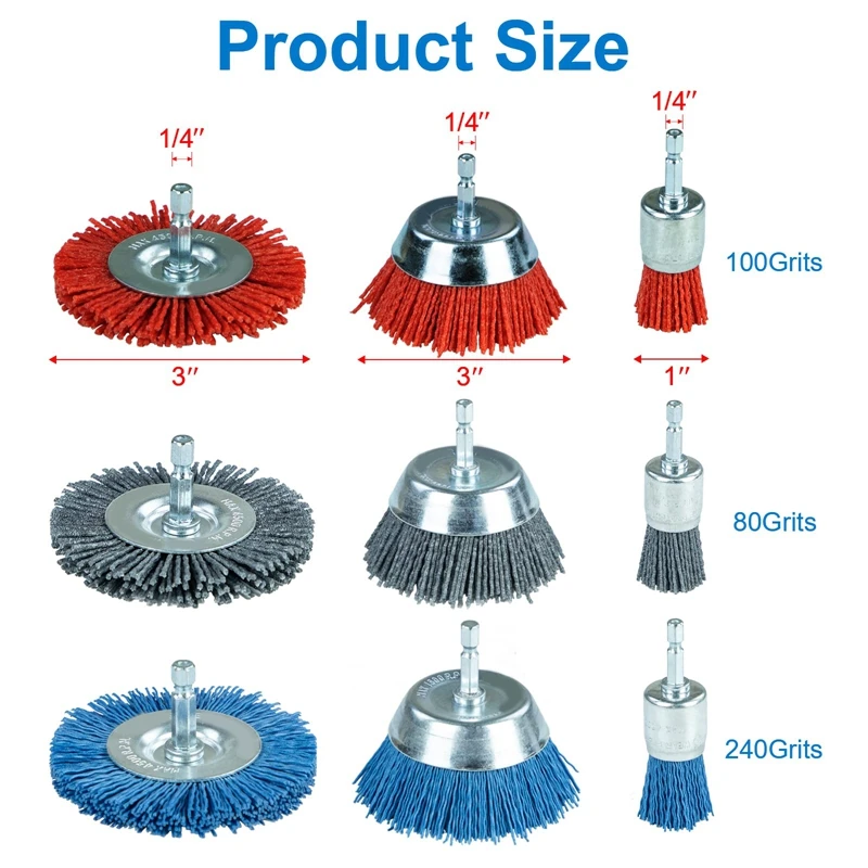 9PCS Nylon Filament Abrasive Wire Brush Wheel & Cup Brush Set Nylon Brush Set Gray&Blue&Red For Removal Of Rust Corrosion Paint