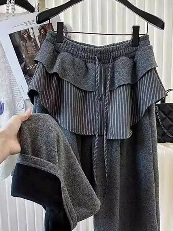 plus Size Women's Fleece Lined Wide Leg Pants Casual High Waist Patchwork Bell  Warm Trousers Autumn Winter New Style