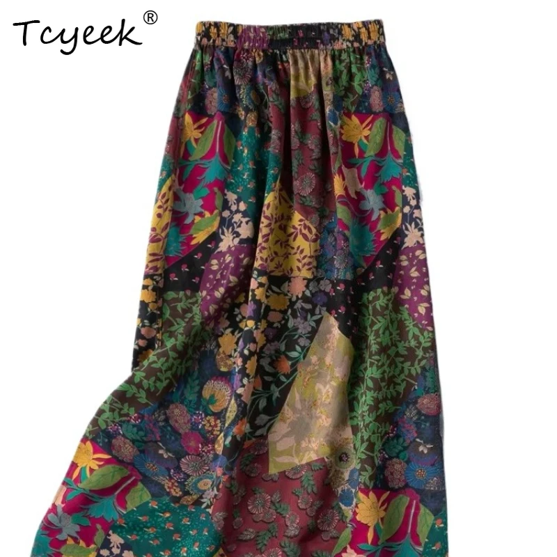 Tcyeek 100% Real Silk Maxi Skirt Women 2026 Spring Summer Elastic Waist Printed Bucket Skirt Woman Clothing Faldones Para Mujer