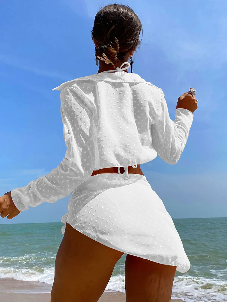 Summer Holiday 4 Piece Bikini Set 2025 Women Sexy White Long Sleeve Cover Up and Skirt Swimsuit Beach Bathing Suit Pool Swimwear
