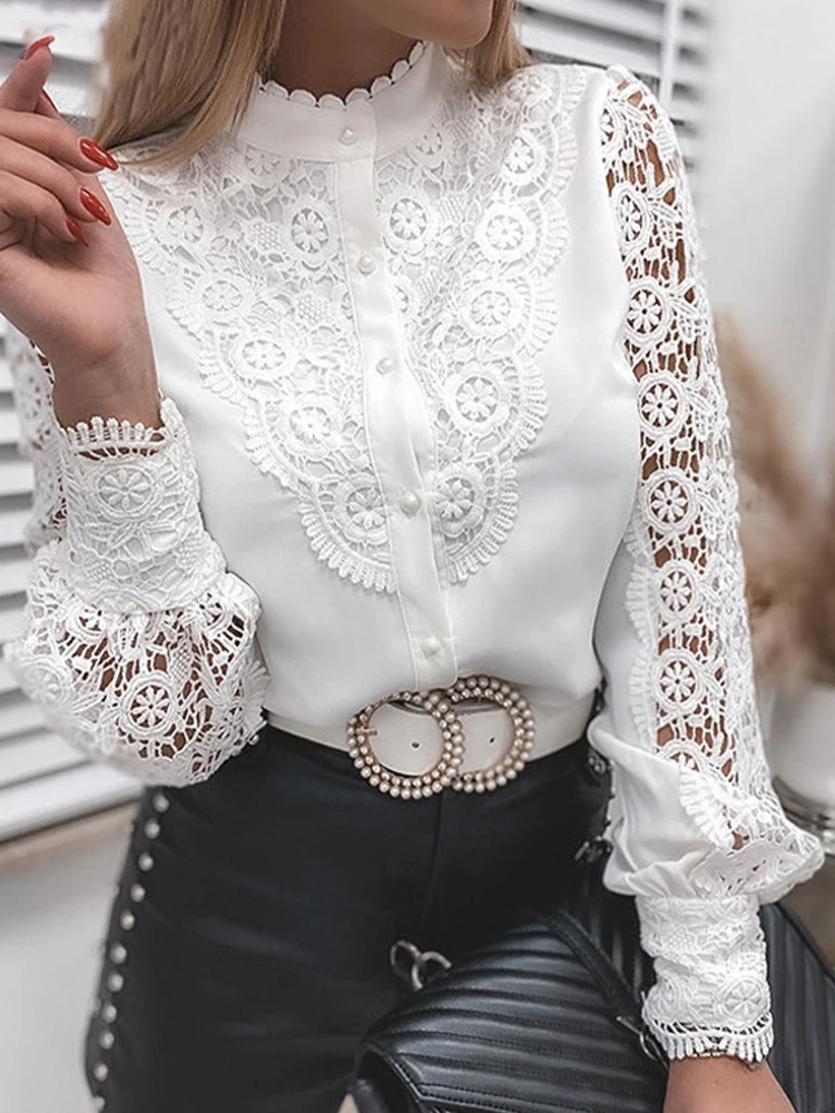 

White Lace Patchwork Shirts Women Sexy Hollow Out Long Sleeve Blouse Female Elegant Fashion Casual Single Breasted Shirt Tops