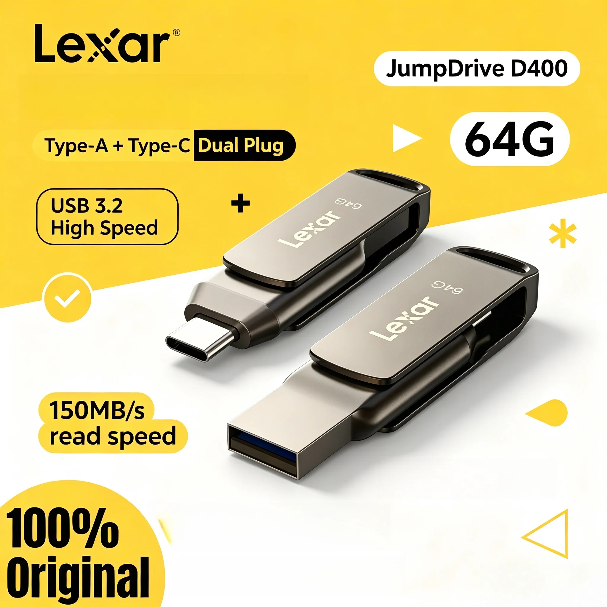 Lexar D400 64GB-512GB 2-in-1 Dual Connector Flash Drive USB C USB A USB 3.2 High Speed Rotating Cap for iPhone 15 PC Mac Device