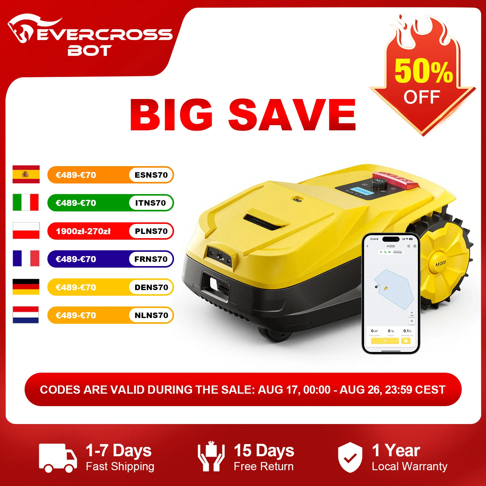 EVERCROSS BOT M200 Mähroboter ohne Begrenzungskabel, RTK+AI Vision, Auto-Kartierung, Empf. 800m², Max. 1500m², 45% Steigung