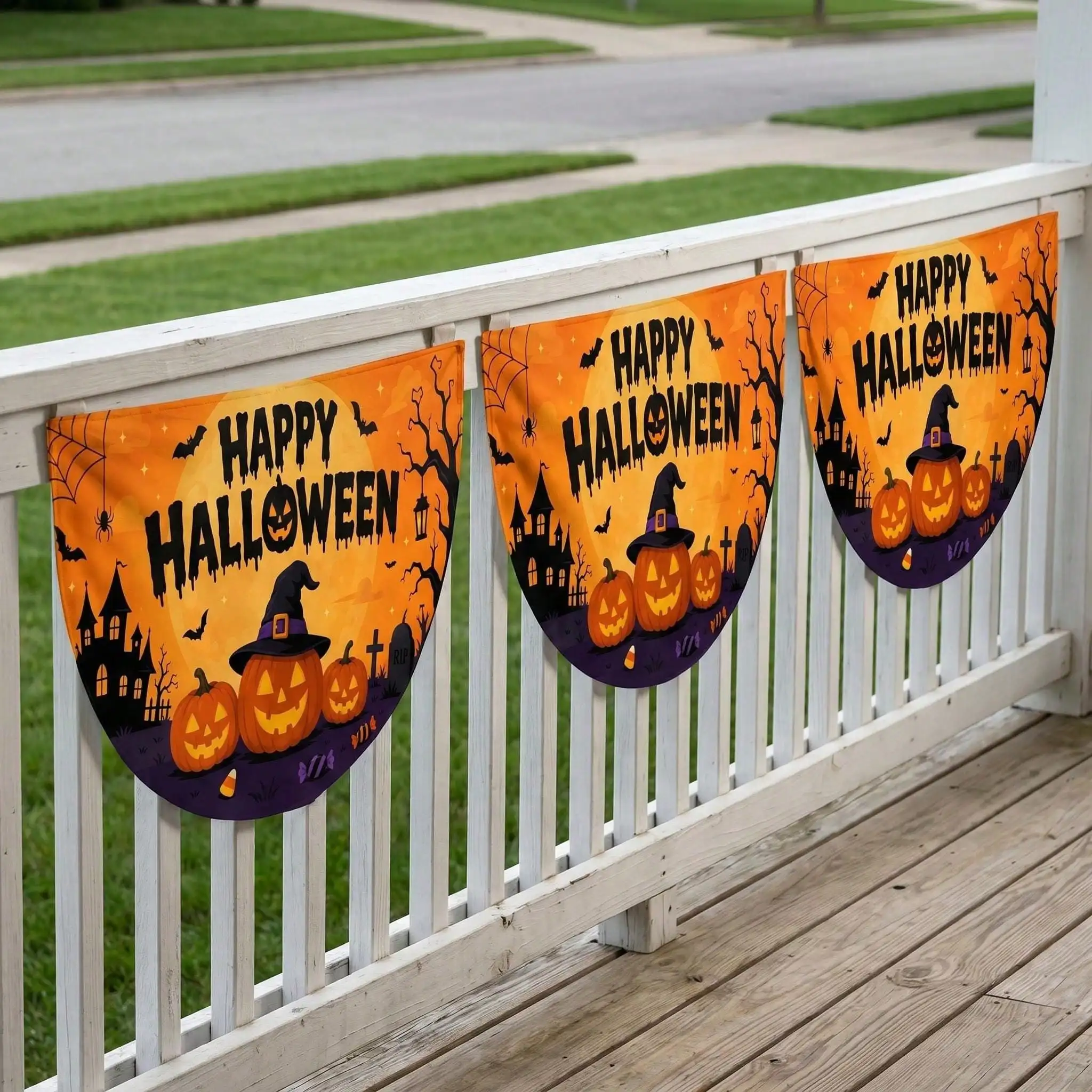 1Pc Halloween Fan Flag Banner Double Sided Pleated Half-Round Fan Porch Flags Indoor Festival Party Half Circle Porch Fence Decor,