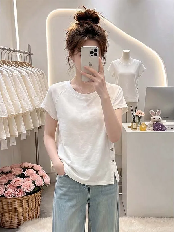 Summer Unique Design Short Sleeve T-Shirt Women's Side Button Split Beautiful Shoulder Level  Top Casual Loose Polyester
