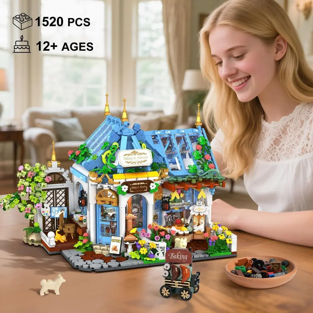 Botanical LED Coffee House Building Kit, 1520-Piece Floral Architecture Model for Home Decor and Gifts, Suitable for Ages 12+