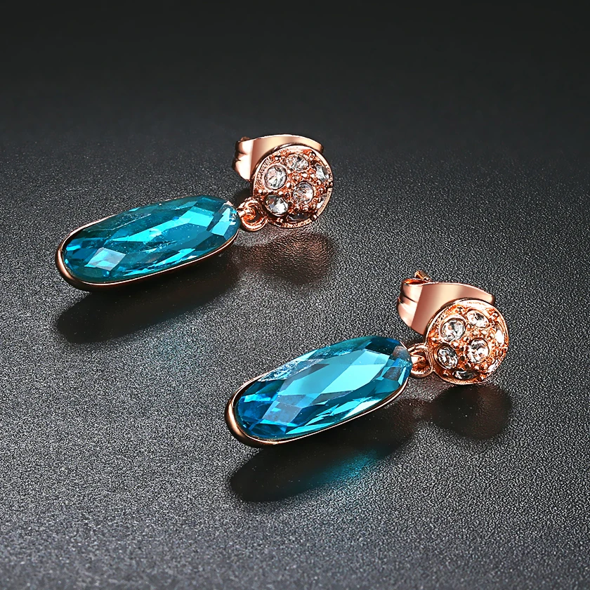 Retro Drop Earrings For Women Classic Design Long Oval Blue Crystal Rose Gold Color Birthday Gift Wholesale Fashion Jewelry E748 image 2