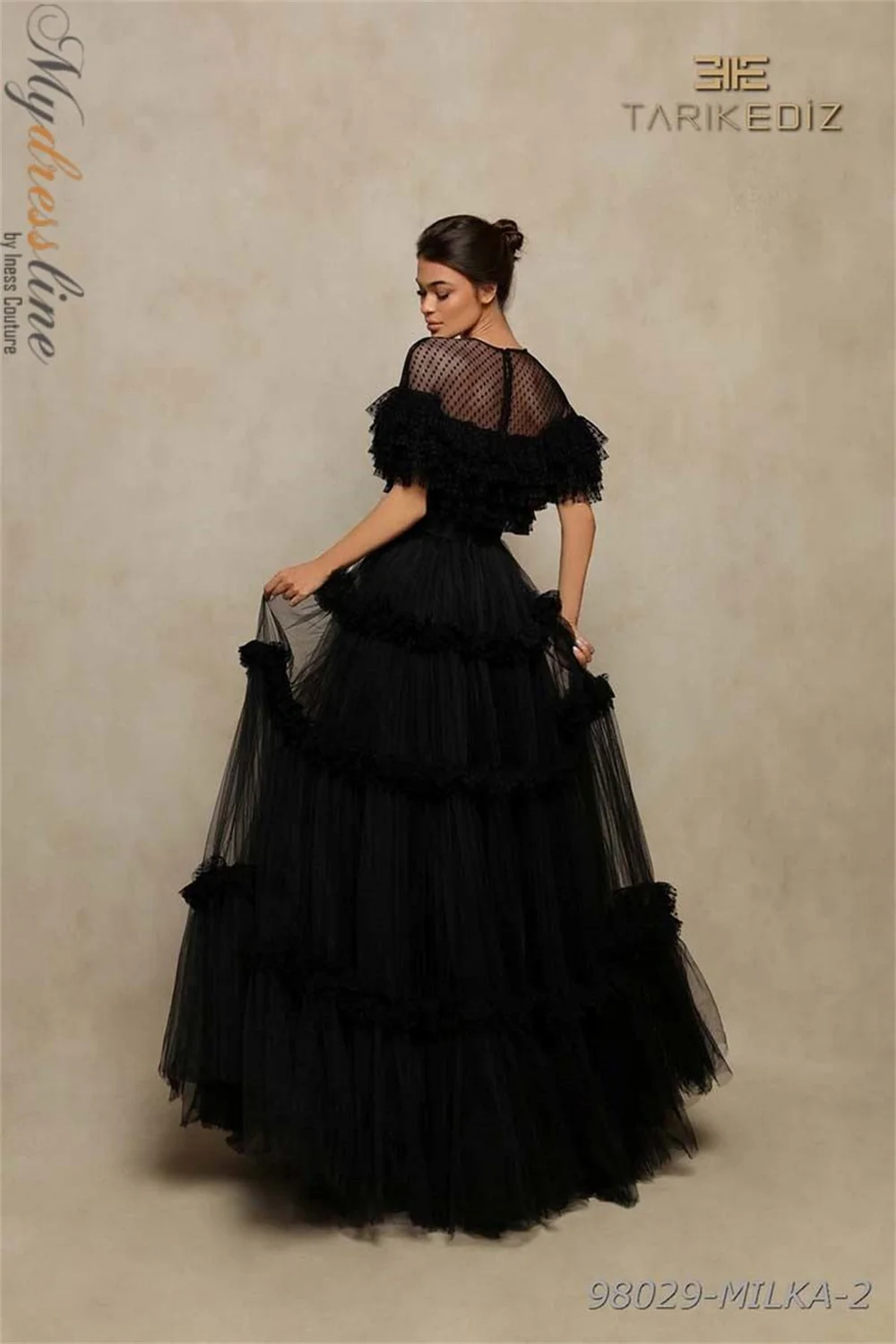 Sansa Black Wave Point فساتين السهرة  O-neck Multilayer A-line Vestidos De Noche Black Mid Sleeve Prom Dresses 2024