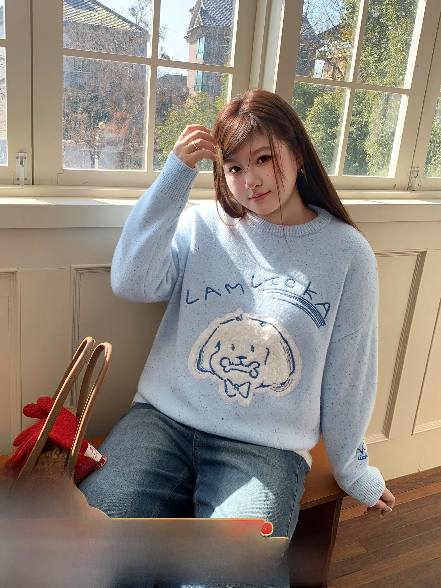 

Loose Fit Knitted round Ne Sweater Women's Lazy Sle Big Size Fi Egg Blue Cartoon Little Dog Casual Winter Top YUZI