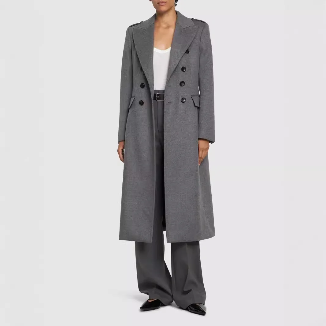 

SuperAen 2024 Autumn and Winter New Lapel Double-breasted Shoulder Split-ended Women's Long Solid-color Coat