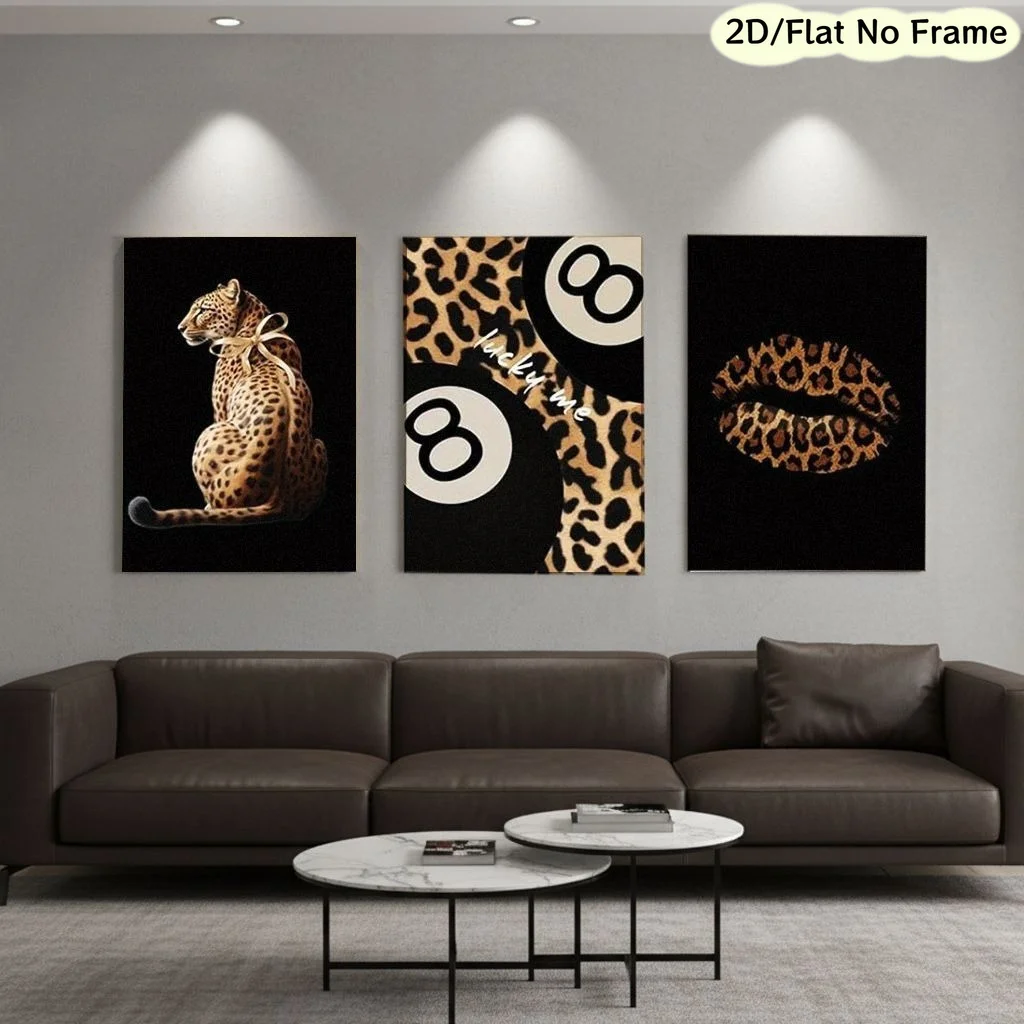 （Noframe 3PCS）-2D Flat, 2D/FLAT, Frameless, 3pcs Leopard Print Wall Art Canvas - Includes Cheetah, 