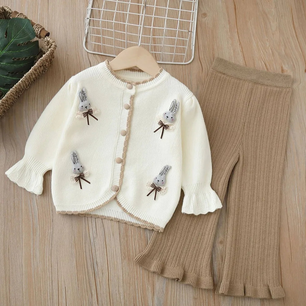 

2025 Autumn New Kids Clothes Sets 2-6T Cartoon Bunny Girls Knitted Sweater + Flared Trousers Trendy Children Outfit 2PCS