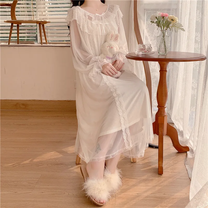 Women Lolita Dress Princess Sleepwear White Lace Mesh Fairy Night Dress Victorian Vintage Nightgown Kawaii Nightdress Loungewear