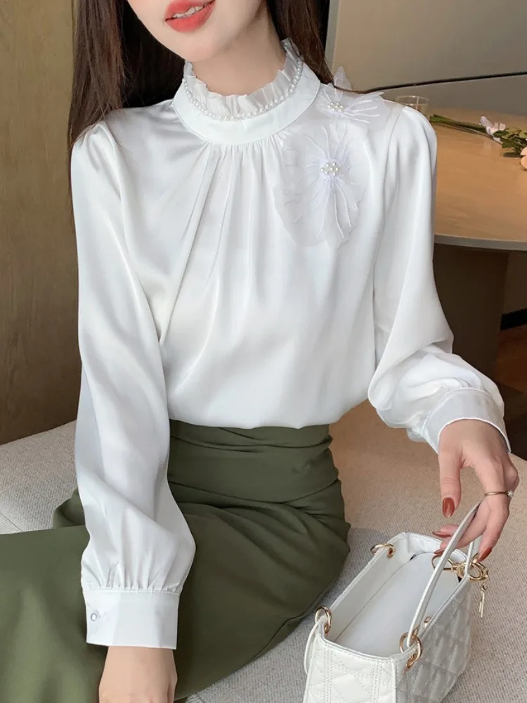 

Женское атласное платье Ele Long Sve с воротником-стойкой, отделкой из бисера и кружева, свободного кроя в корейском стиле, для повседневной носки, весна 2025