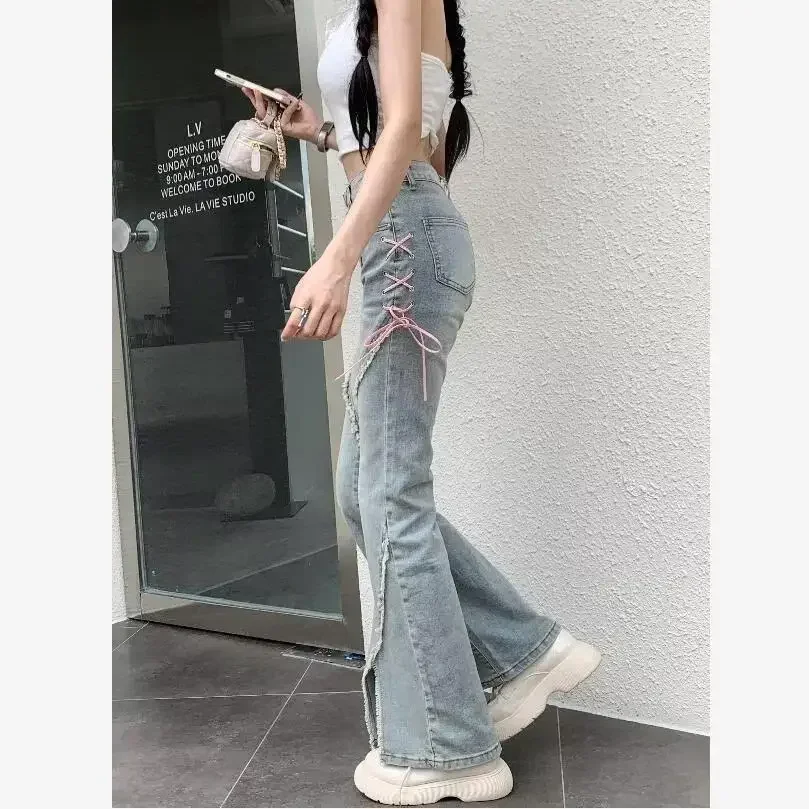 

Autumn New Niche Belted Micro Flared Jeans Women's High-waisted Slimming Long Pants Side Slit Slimming Effective Leg Shaping