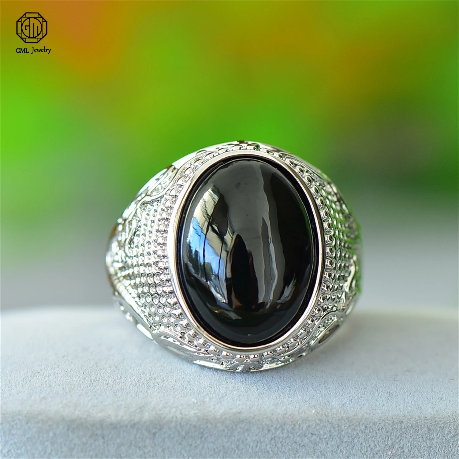 Copper Inlaid Hetian Dark Green Nephrite Jade Oval Cabochon Ring Black Green Stone Men Fashion Band Statement Chunky Masculine