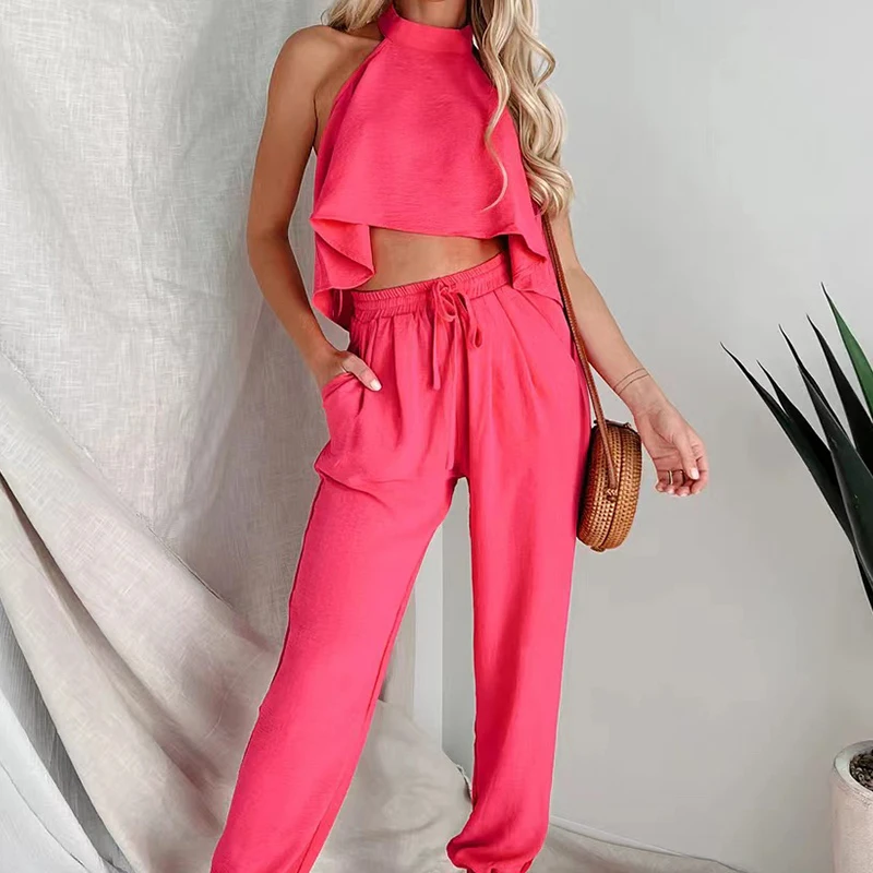 

Elegant Solid Color Two Piece Sets Sexy Halter Backless Crop Top+High Waist Drawstring Pants Outfits Summer High Street Outfits