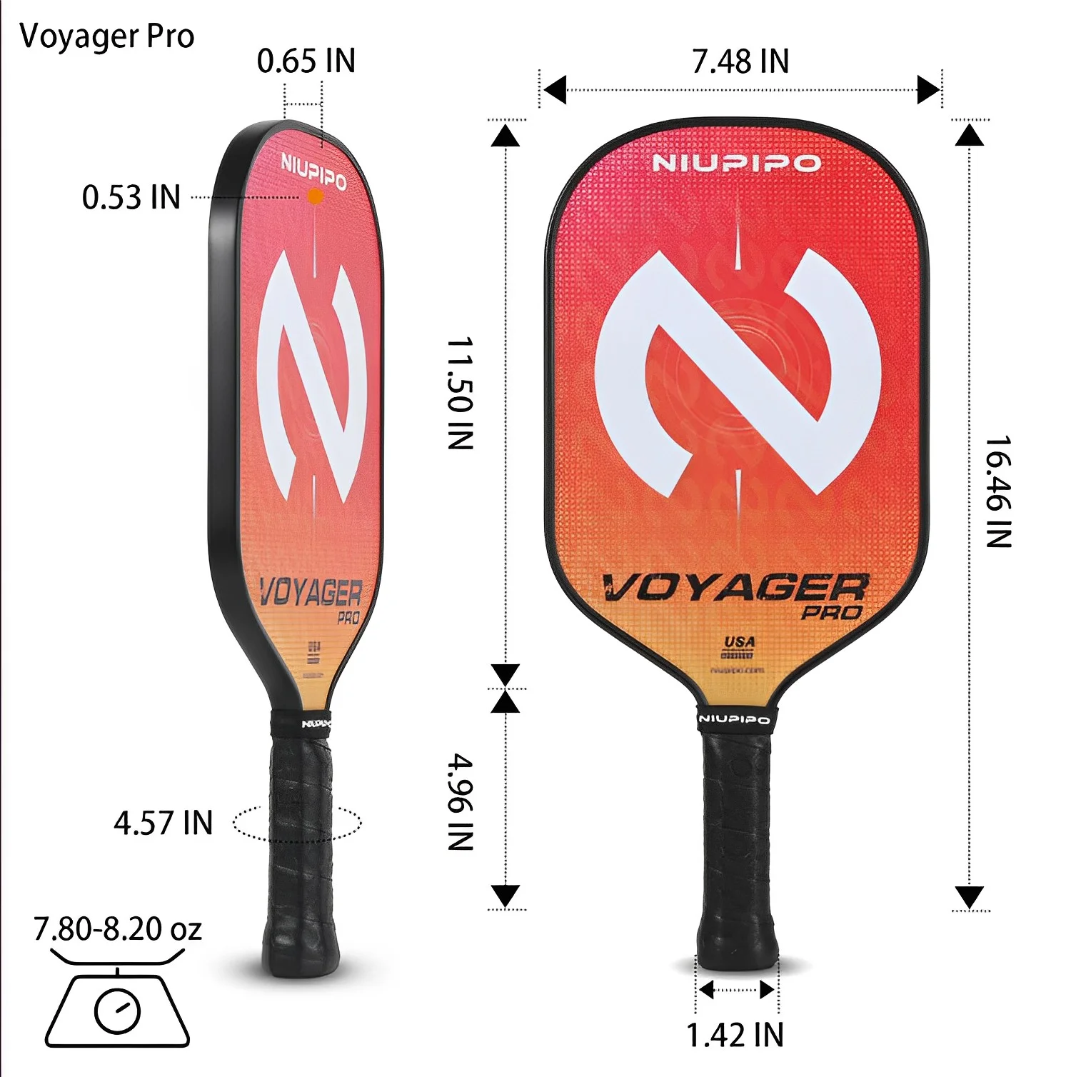 Niupipo USAPA Approved Thermoformed Pickleball Paddle Carbon Fiber Grit Surface Elongated Paddle PP Honeycomb Core Cushion Grip