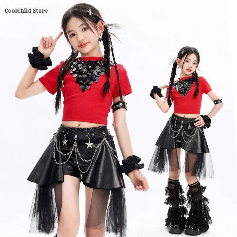 Hip Hop Girls Sequin Crop T-shirt Dance Ribbon Skirts Kids K-pop Shiny Jazz Clothes Sets Children Girl Group Streetwear Costumes
