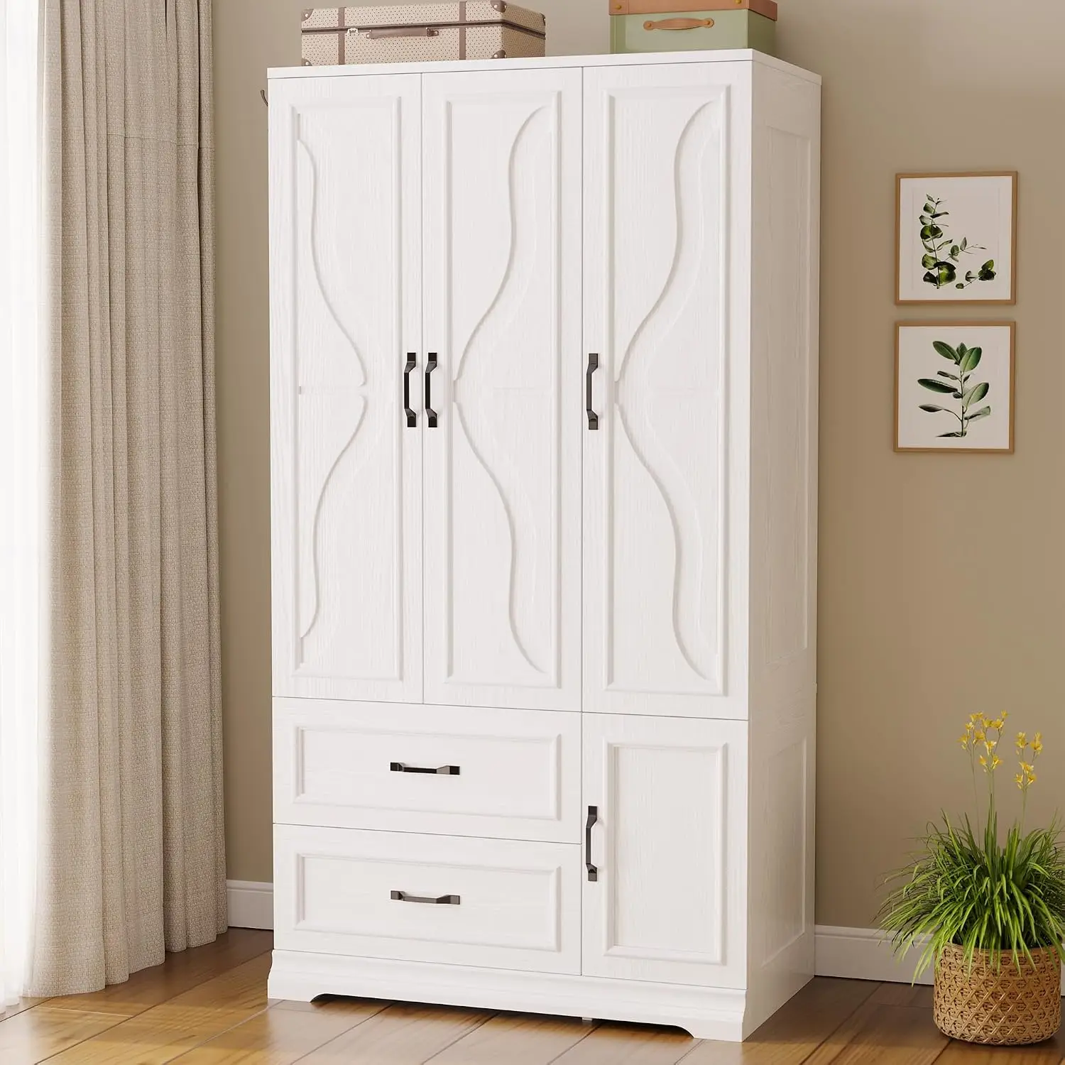 Wardrobe Armoire Storage Cabinet Four Doors Drawers White