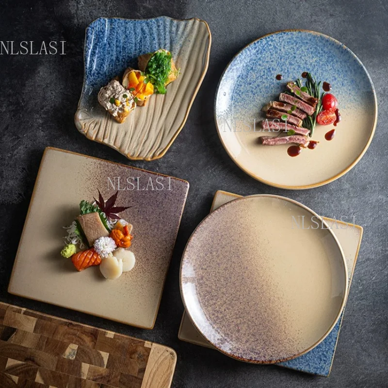 Japanese Kiln Change Glaze Ceramic Plates Multi‑Shape Retro Stoneware Dinner Plates for Steak Sushi Restaurant Home Tableware