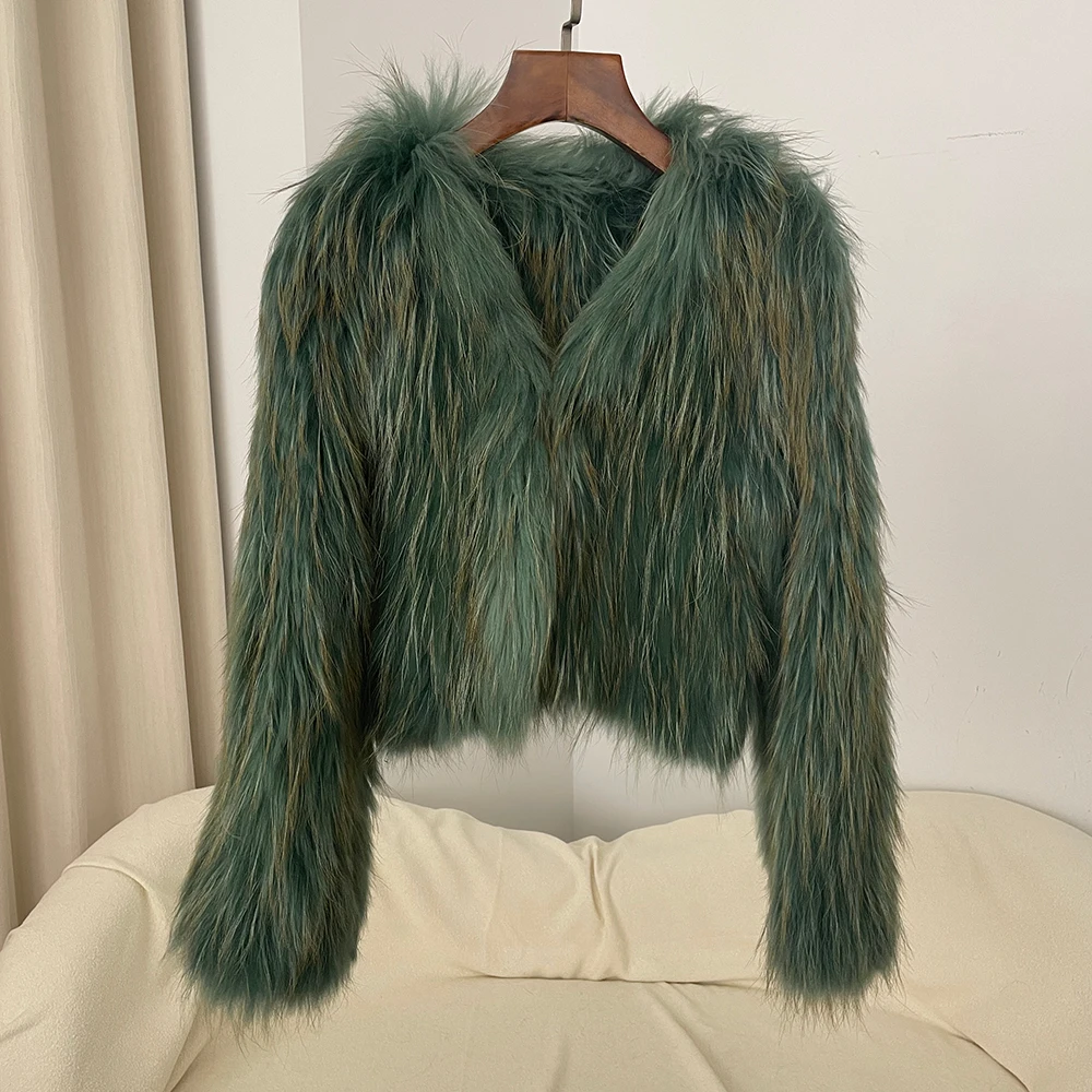 الواقع معطف الفرو الخريف الشتاء سميكة الدافئة قصيرة الأوروبية الطبيعية الراكون الفراء سترة الخامس الرقبة الوجهين المنسوجة الفراء النساء #3