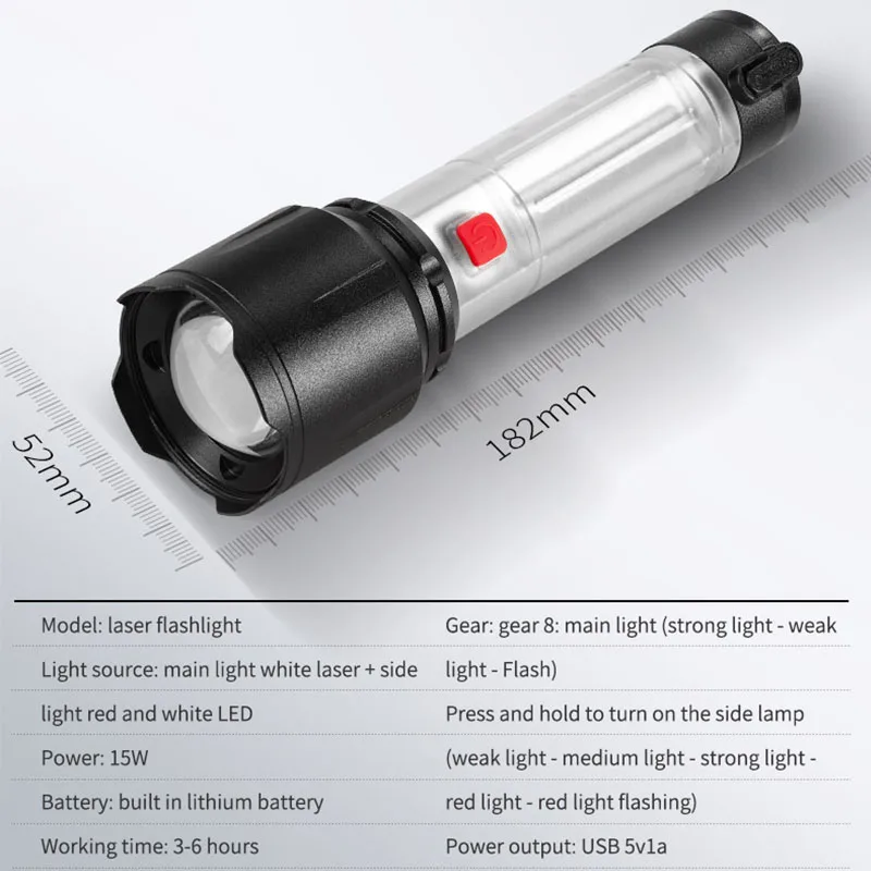 Laser 5050 Wick Rechargeable Zoom Flashlight with Side Light LED Charging Bank Function Long-range Outdoor Lighting Torch