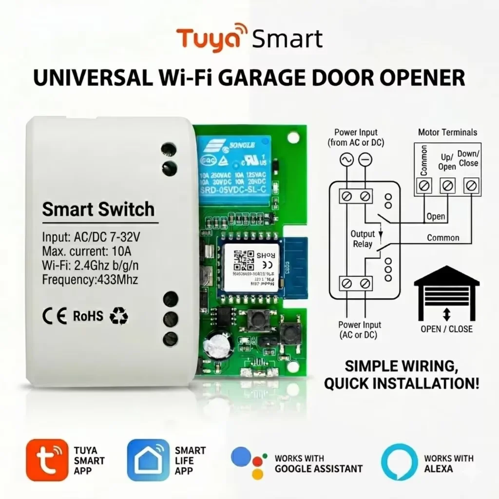 

Умный Wi-Fi выключатель для гаражных ворот Tuya, модуль реле DC AC 7-32В 220В 10А, радиоприемник 433 МГц, голосовое управление Alexa Google Home