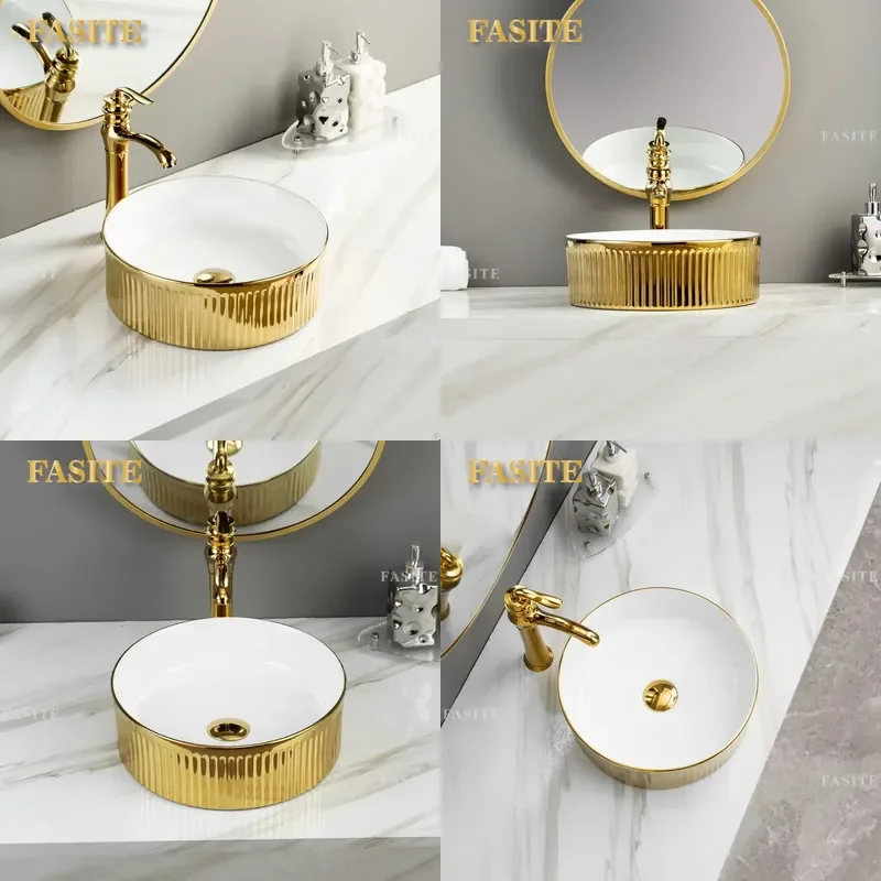 For Bathroom Golden Electroplated Ceramic Art Basin Luxury Countertop Wash Basin with Faucet Customized Modern Vanity Sink